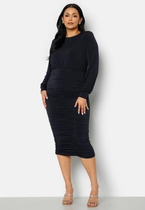 John Zack Curve Long Sleeve Rouched Midi Dress Navy 52 (UK24)