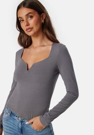 BUBBLEROOM Square V-neck Long Sleeve Top Grey L