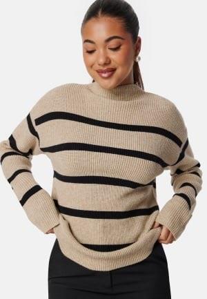 VILA Viril Mockneck L/S Knit Rib Top Natural Melange Stripes:BLACK XS