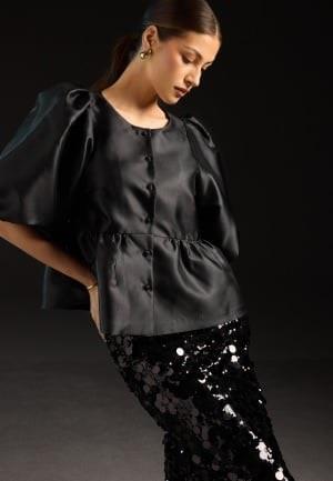 Bubbleroom Occasion Puff Sleeve Peplum Satin Blouse Black XS