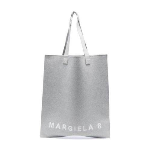 MM6 Maison Margiela Silver Logo-Print Toteväska Gray, Dam