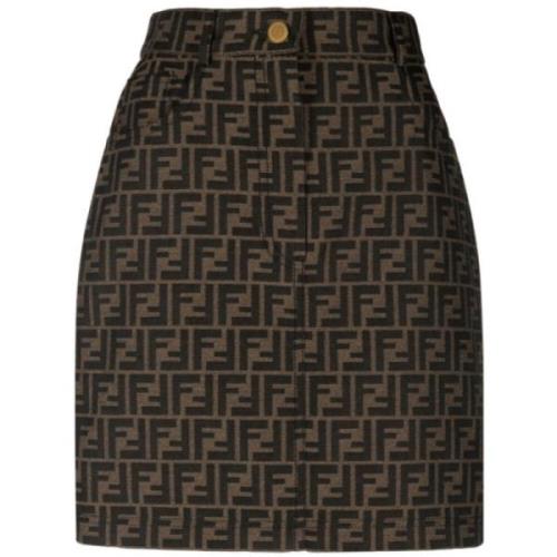 Fendi FF-Print Höga Midje Kjol Brown, Dam