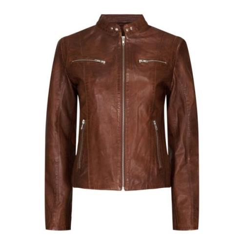 Btfcph Klassisk Bikerjacka i Mörk Cognac med Silverdetaljer Brown, Dam