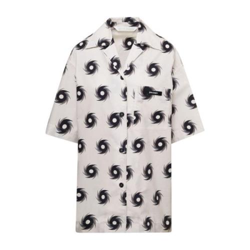 Palm Angels Vit Shuriken Print Oversize Bowling Skjorta White, Dam