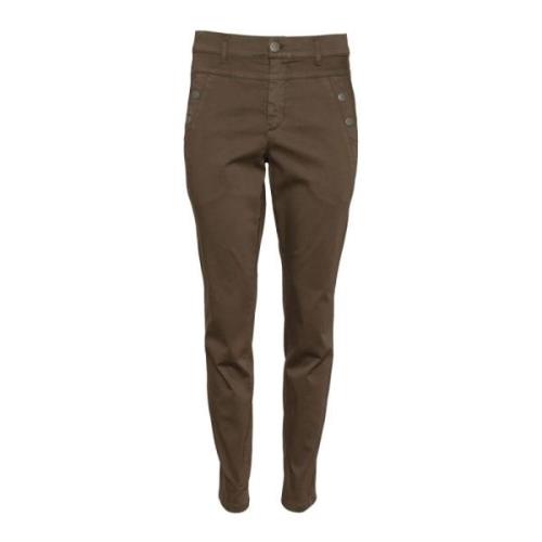 2-Biz Slim-Fit Högmidjade Brun Byxor med Smarta Knappdetaljer Brown, D...