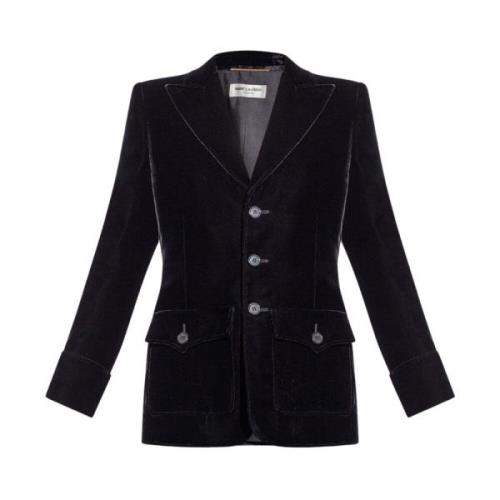 Saint Laurent Svart Sammet Blazer med Peak Revers Black, Dam