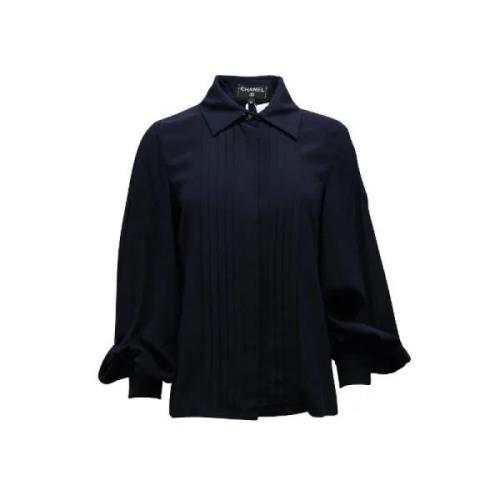 Chanel Vintage Marinbl? Siden Plisserad Blus Blue, Dam