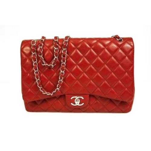 Chanel Vintage Andrahands Röd Caviar Läder Classic Double Flap Maxi Vä...