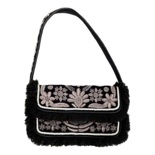 Antik Batik Zari broderad sammet baguetteväska Black, Dam