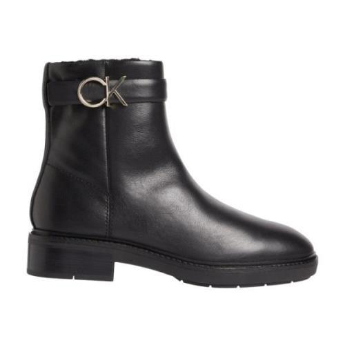 Calvin Klein Svarta Läder Ankelboots med Gummisula Black, Dam