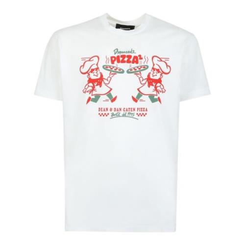 Dsquared2 Pizza Twins Grafiskt Tryck T-Shirt White, Herr