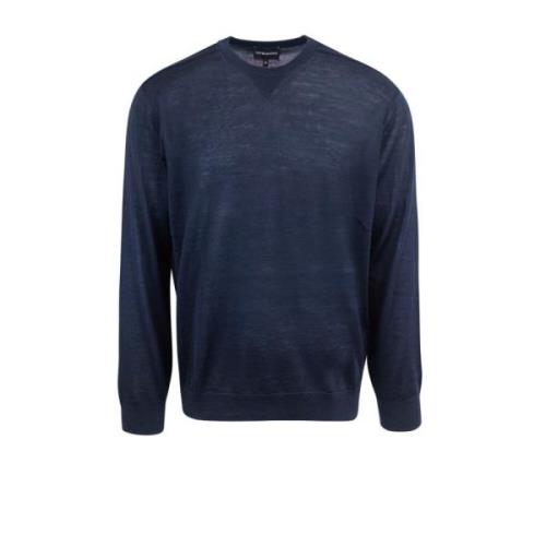 Emporio Armani Blåa Sweaters med Ribbade Manschetter och Krage Blue, H...