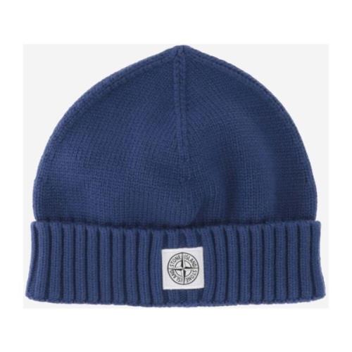 Stone Island Blå Bomullsblandning Beanie med Logo Label Blue, Herr