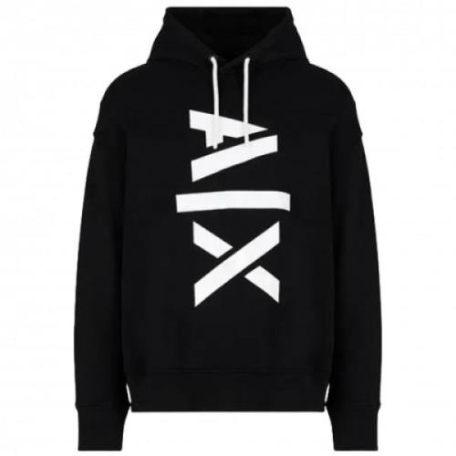 Armani Exchange Svart Herrhoodie med Vertikal Vit AX-tryck Black, Herr