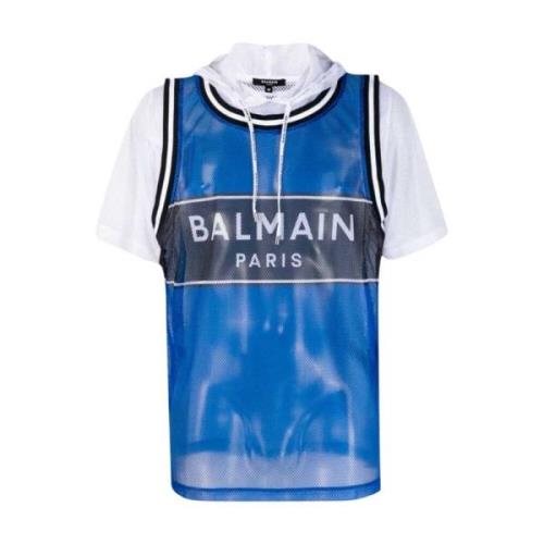 Balmain Blå Hoodie T-shirt med Logotyp - L Blue, Herr