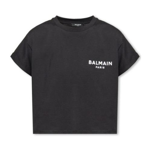 Balmain Croppad T-shirt med logotyp Black, Dam