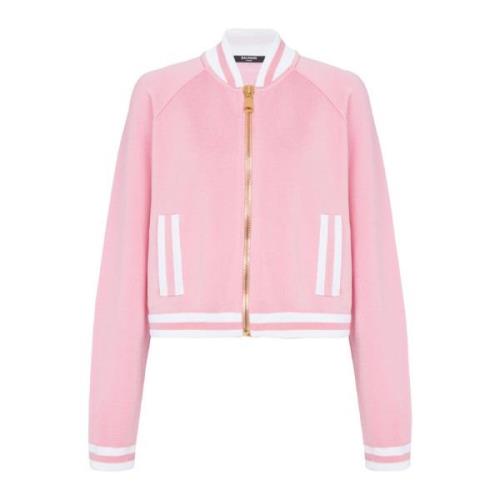 Balmain Cropped knitted varsity jacket with striped details Pink, Dam