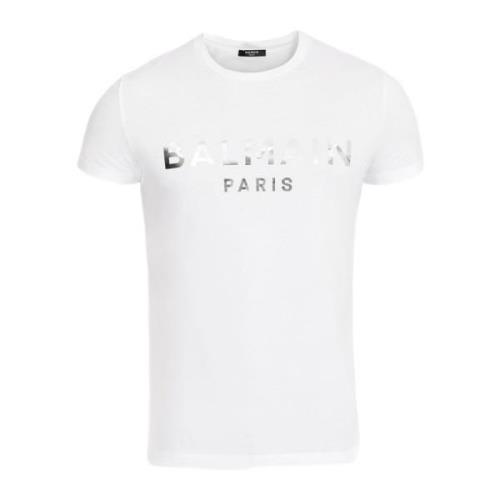 Balmain Ekodesignerad bomullst-shirt med Paris logotryck. White, Herr