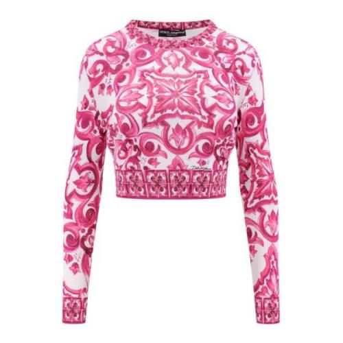 Dolce & Gabbana Silkes Maiolica Print Crop Top Pink, Dam