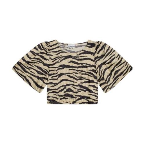 Ganni Zebra Print Knycklad Cropped T-Shirt Beige, Dam