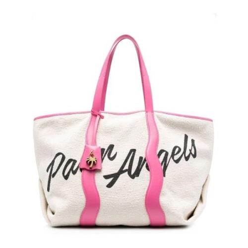 Palm Angels Canvas Tote Bag med Läderdetaljer White, Dam