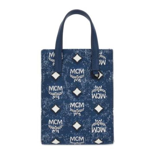 MCM Broderad canvas Aren handväska Blue, Dam