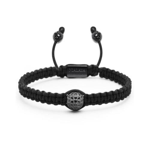 Nialaya Men`s Black String Bracelet with Black CZ Bead Black, Herr