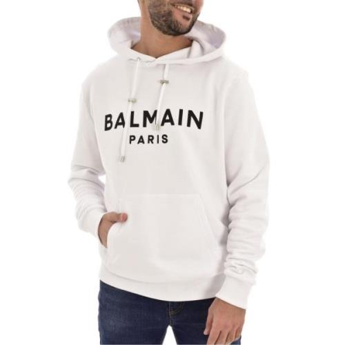 Balmain Logo-Print Hoodie - Stilren och Bekväm White, Herr