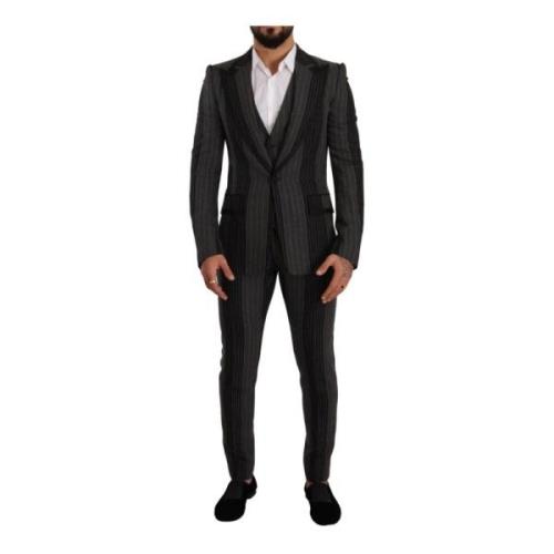 Dolce & Gabbana Svart Grå Randig Slim Fit 3-Delad Kostym Black, Herr