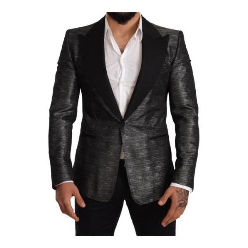 Dolce & Gabbana Grå Metallic Svart Slim Tuxedo Blazer Gray, Herr