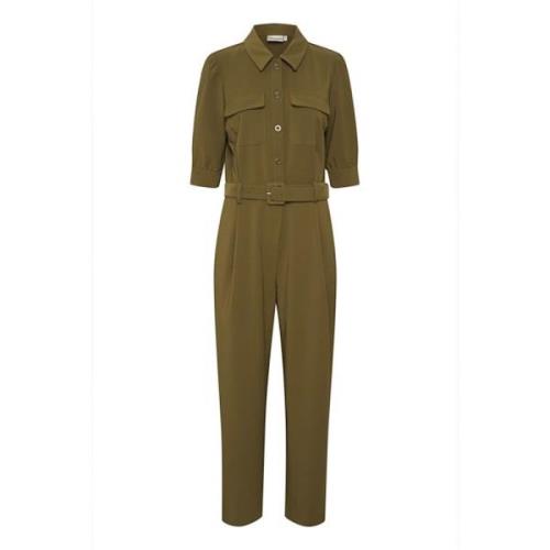 Gestuz Mörk Olivgrön Jumpsuit med ¾ Ärmar och Bälte Green, Dam