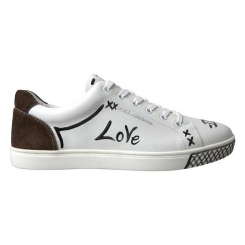 Dolce & Gabbana Vita Läderbruna Love Avslappnade Sneakers White, Herr