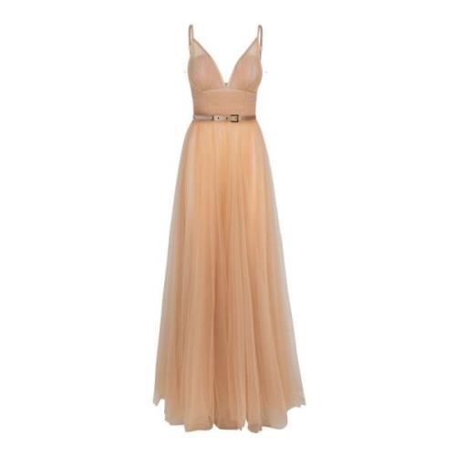 Elisabetta Franchi Lager Tulle Lång Klänning Beige, Dam