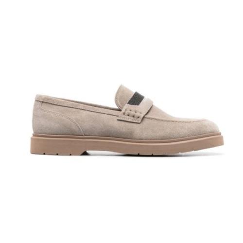 Brunello Cucinelli Grå Mocka Loafers med Pärl Detalj Gray, Dam