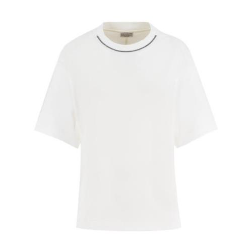 Brunello Cucinelli Bomull T-shirt med Broderad Halsringning White, Dam