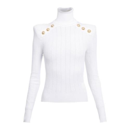 Balmain Stickad tröja med knappar i guldton White, Dam