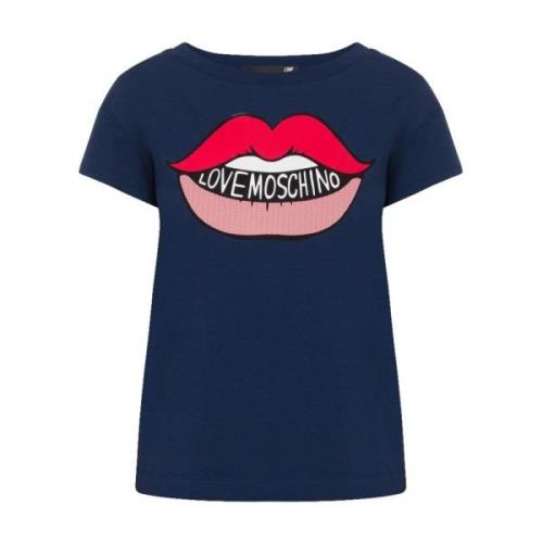 Love Moschino Grafisk Lips T-shirt med Moschino Logo Blue, Dam