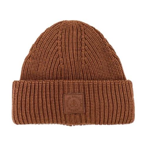 Moose Knuckles Brun Ribbstickad Hatt med Logopatch Brown, Dam