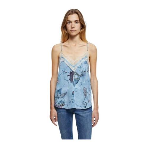 Zadig & Voltaire Silkig Top med Spetsdetaljer Blue, Dam