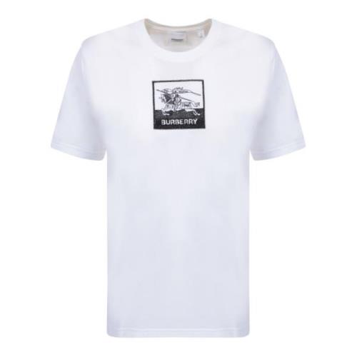 Burberry Vit Rundhals T-shirt med Broderad Logotyp White, Dam
