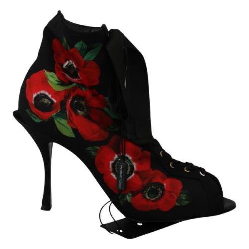 Dolce & Gabbana Black Red Roses Ankle Booties Shoes Black, Dam