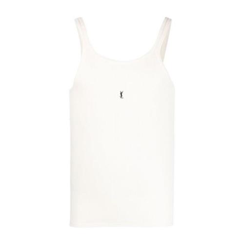 Saint Laurent Logo-broderad ribbstickad tanktopp White, Herr