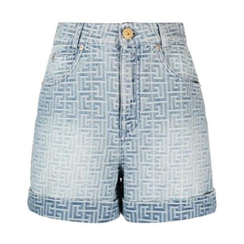 Balmain Monogram Print Denim Shorts Blue, Dam