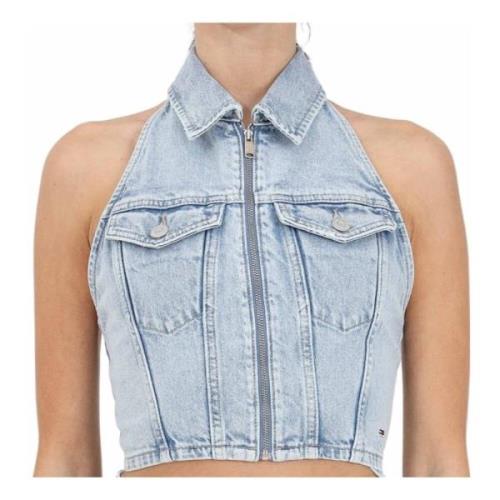 Tommy Jeans Denim Crop Top med amerikansk halsringning Blue, Dam