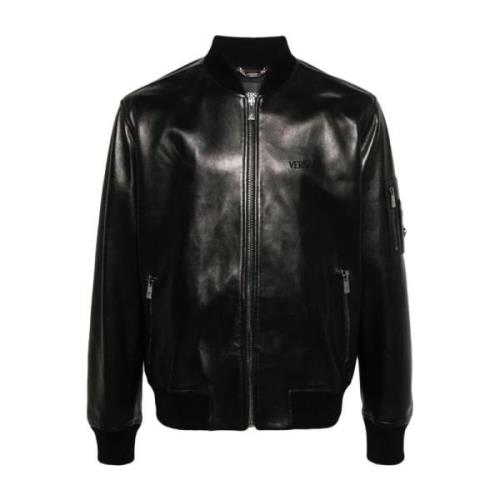 Versace Svart Läder Blouson Jacka Black, Herr