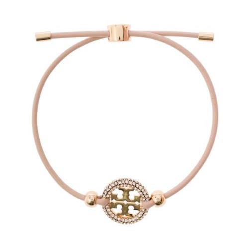 Tory Burch Rosa Läderarmband med Justerbar Stängning och Logo Detalj m...