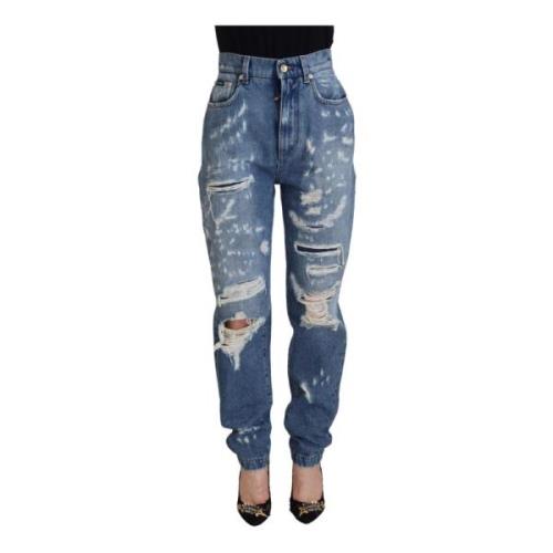 Dolce & Gabbana Blå Tattered Denimbyxor med Dragkedja Blue, Dam