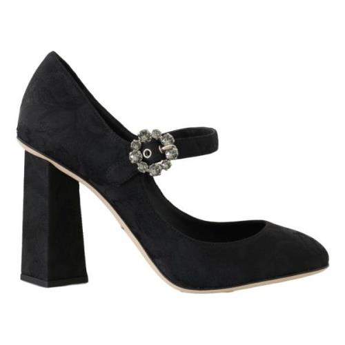 Dolce & Gabbana Black Brocade High Heels Mary Janes Shoes Black, Dam