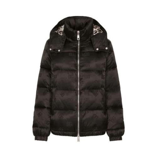 Dolce & Gabbana Logo Jacquard Satin Puffer Jacka Black, Dam