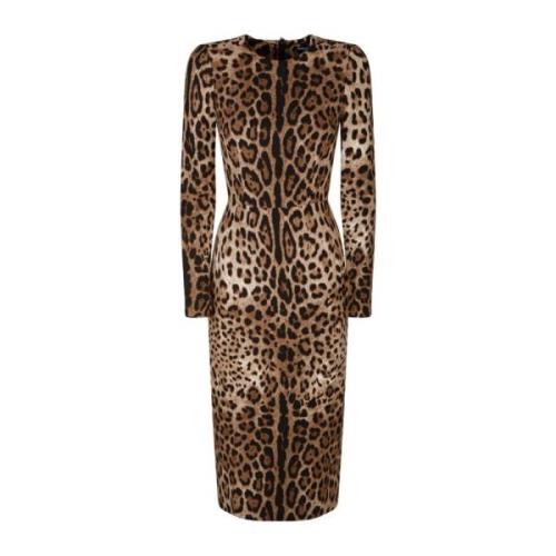 Dolce & Gabbana Brun Leopardmönstrad Midi Klänning Brown, Dam